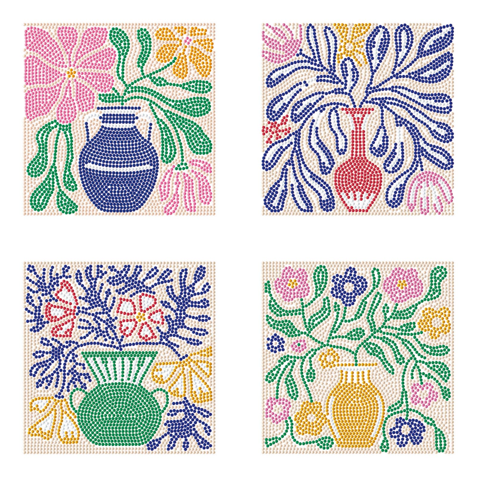 Four floral and pot designs in different colors on a white background