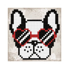Pixelated design of a dog with a bow tie on a textured beige background
