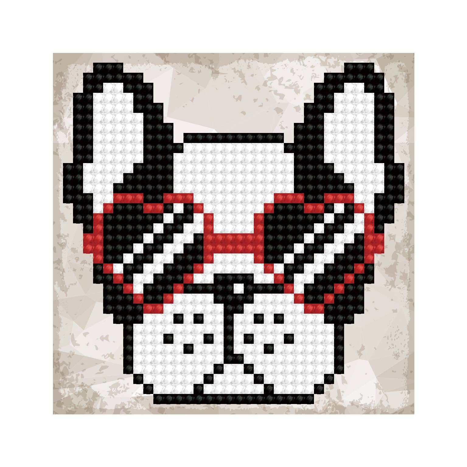 Pixelated design of a dog with a bow tie on a textured beige background