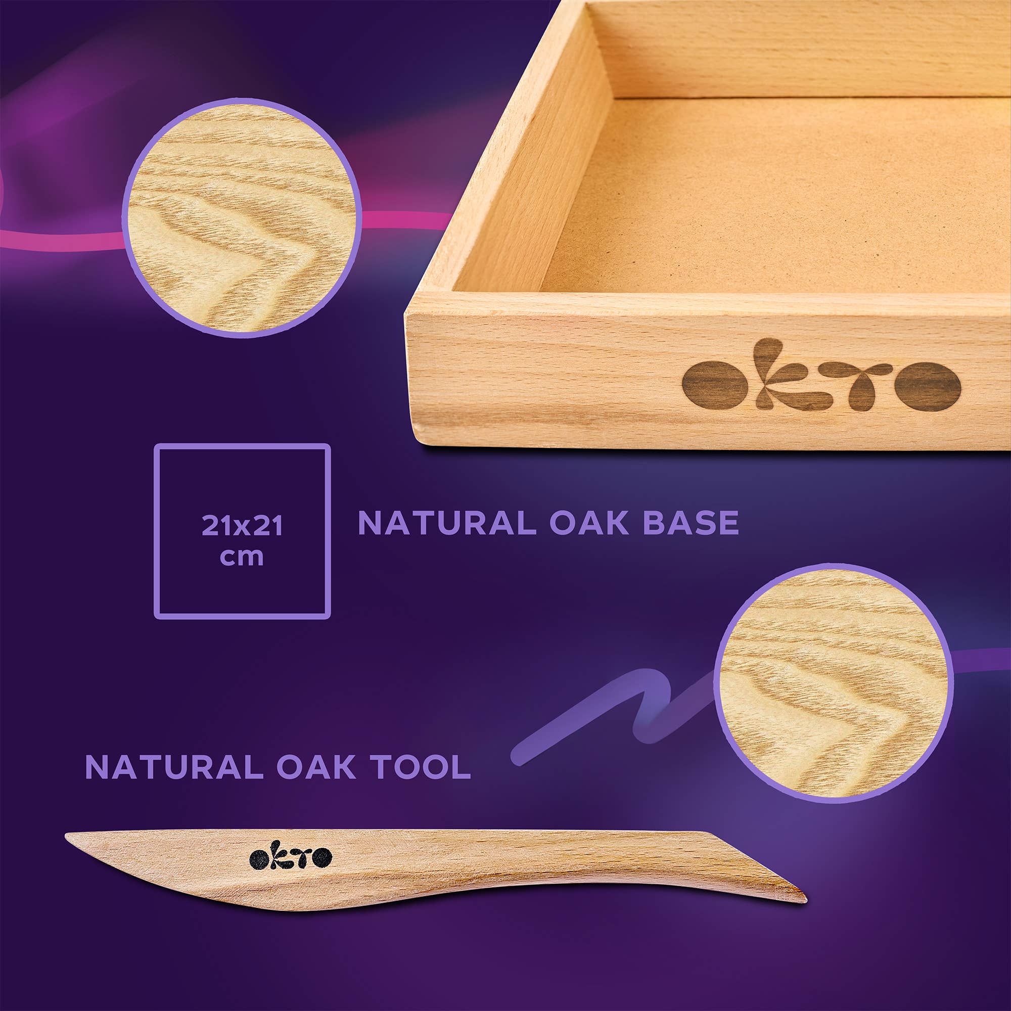 Wooden tray and tool with 'okto' branding on a purple background
