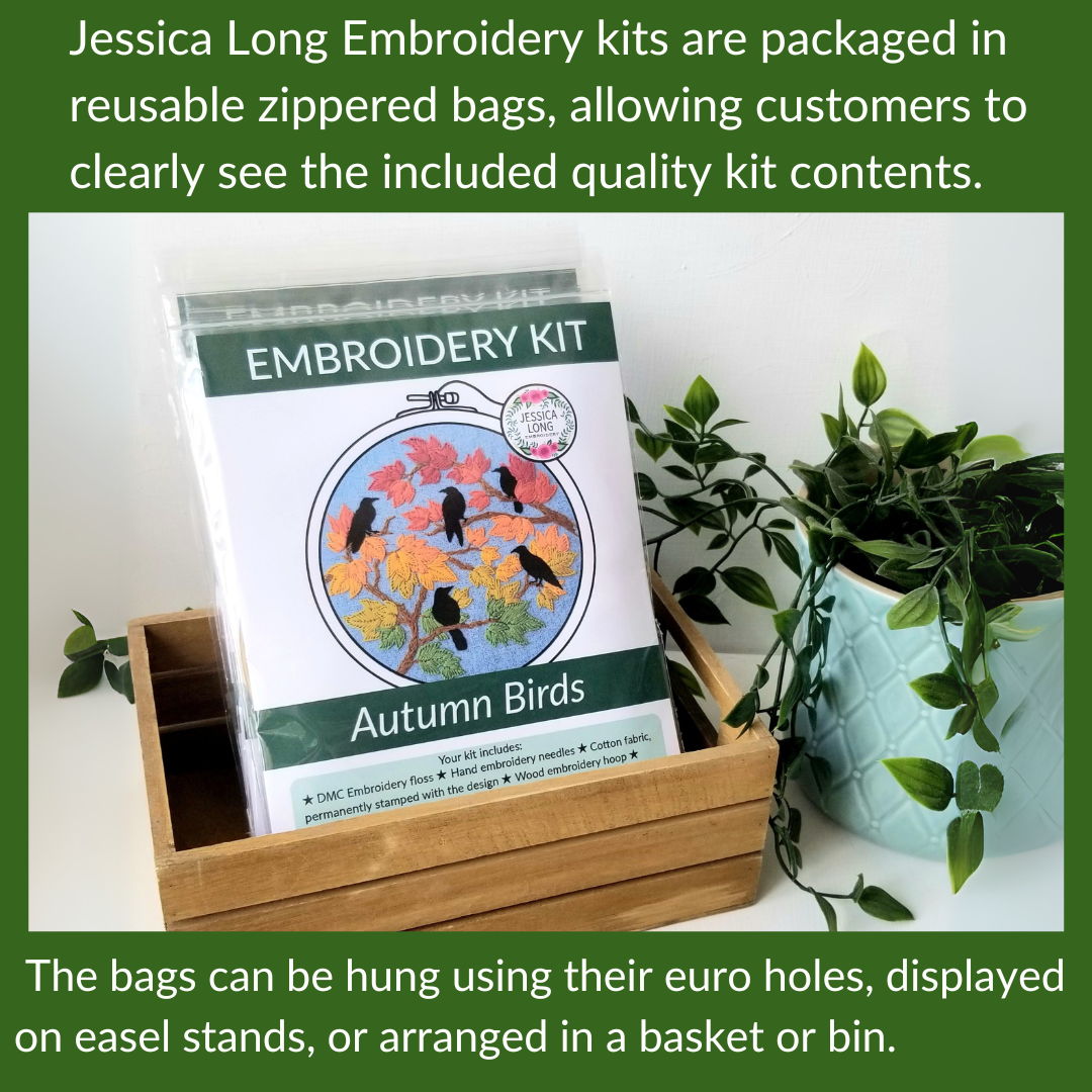 Embroidery kit labeled 'Autumn Birds' in a reusable zipped bag with text about packaging and display options.