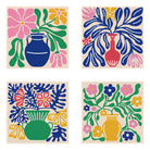 Set of four colorful floral and vase designs on a beige background