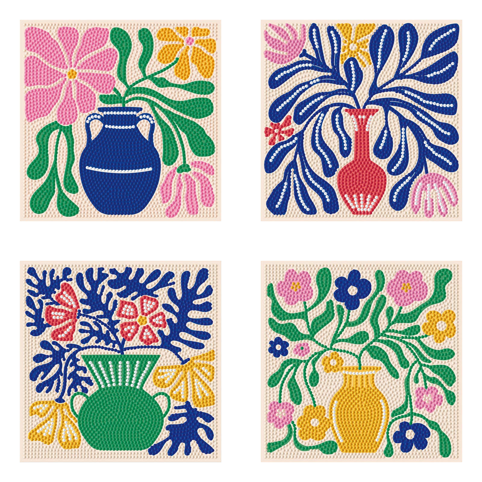 Set of four colorful floral and vase designs on a beige background