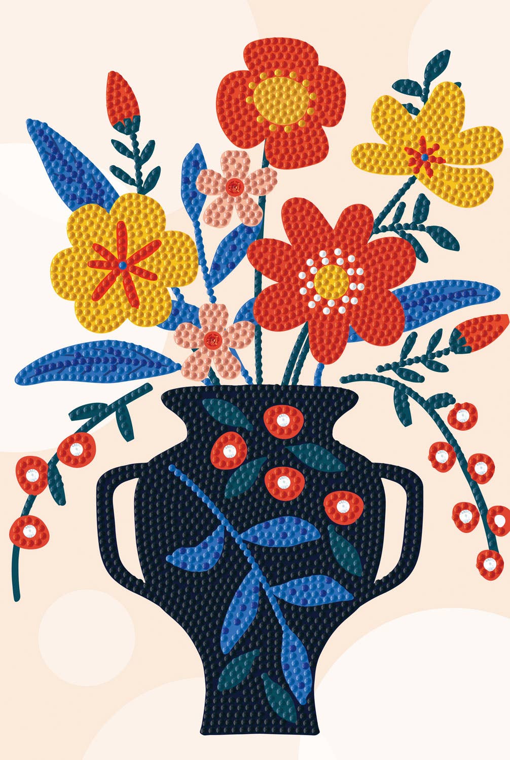 Decorative design of a vase with colorful flowers on a beige background