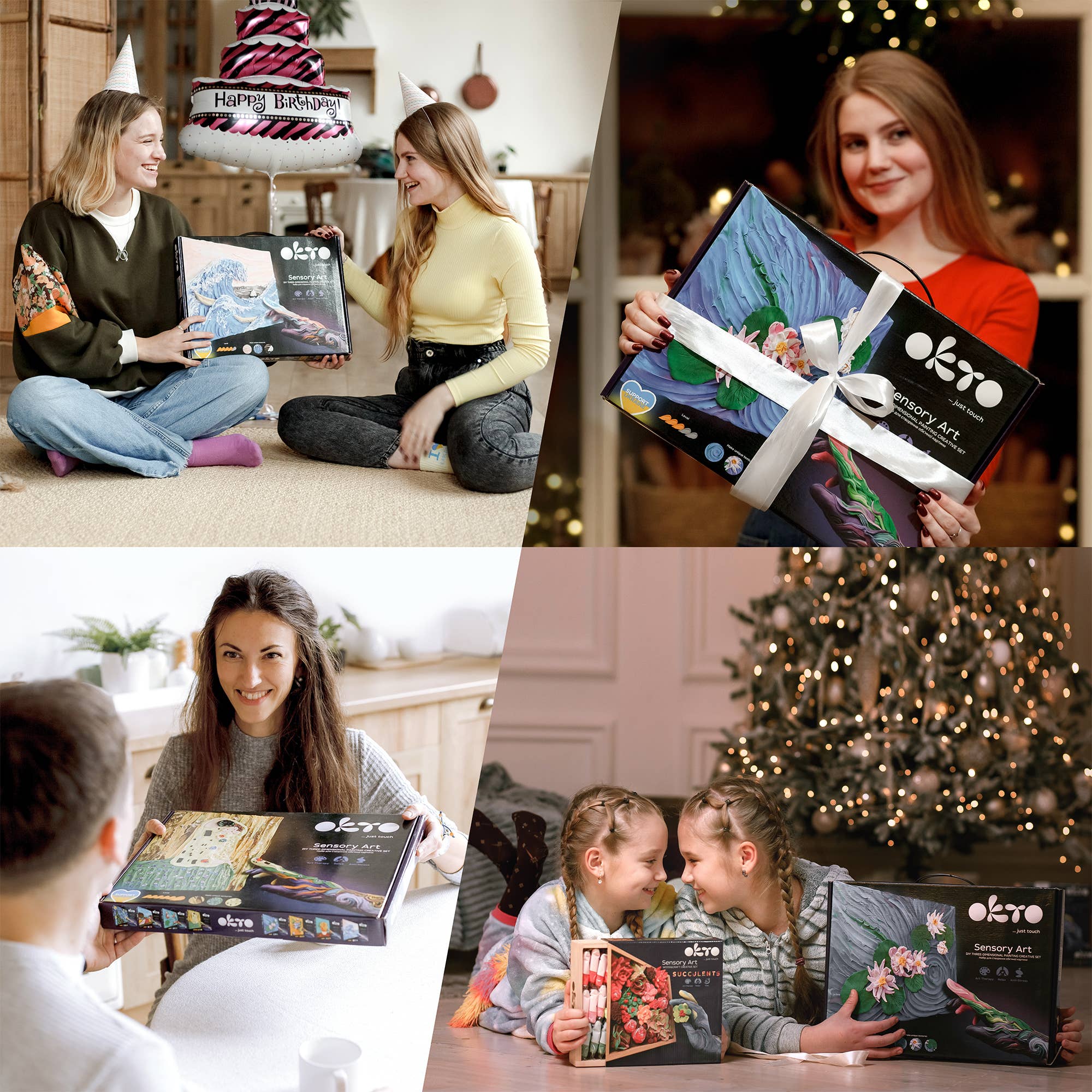 Collage of people holding Okto sensory art boxes in various settings.