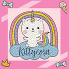 Cute cartoon cat with unicorn horn on a cloud, surrounded by rainbow and decorative elements on a pink background.