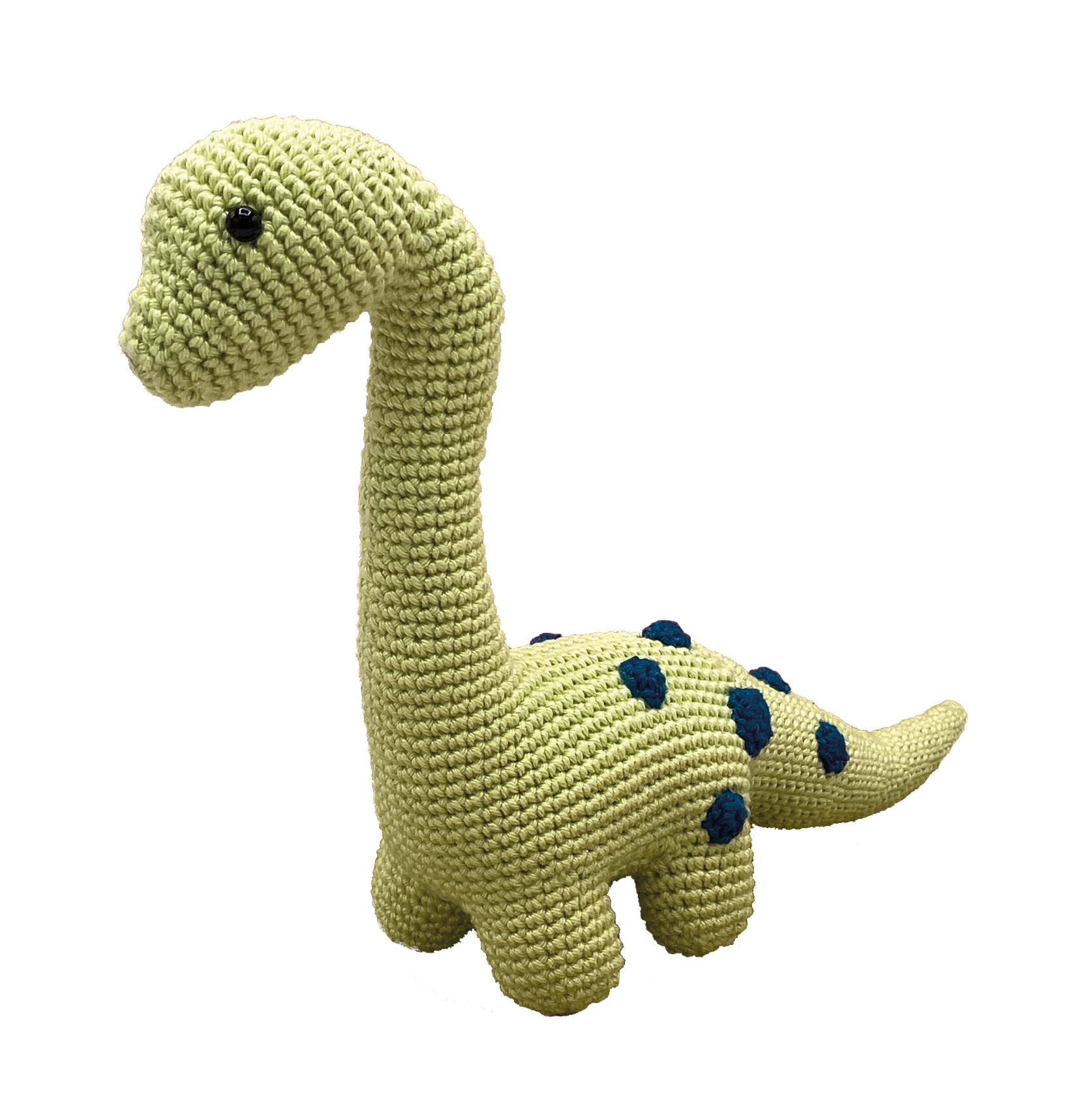 Crocheted dinosaur toy on a white background