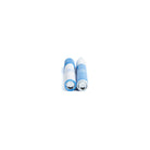 Two blue and white cylindrical batteries on a white background