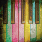 Close-up of a colorful piano keyboard with a diamond painting technique.