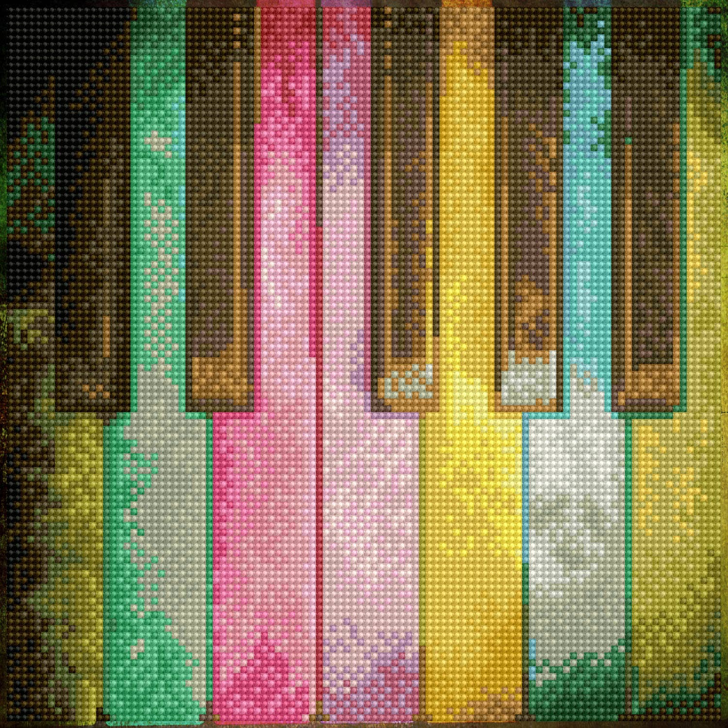Close-up of a colorful piano keyboard with a diamond painting technique.