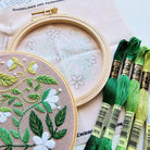 Embroidery hoop with floral patterns and green embroidery threads.