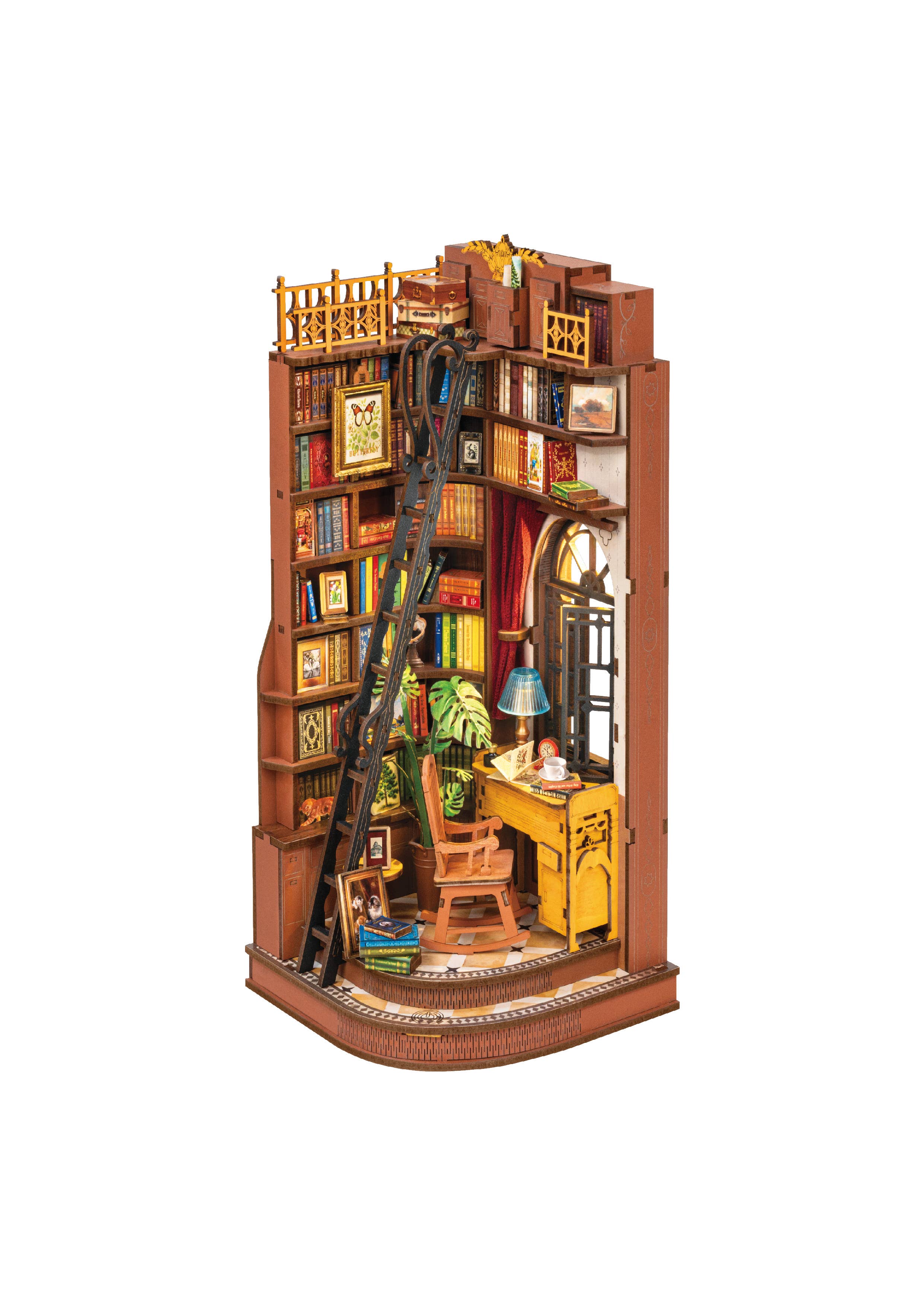 Miniature wooden bookshelf with books and furniture on a white background