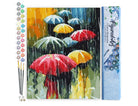 Paint by numbers kit with colorful umbrellas in a rain scene