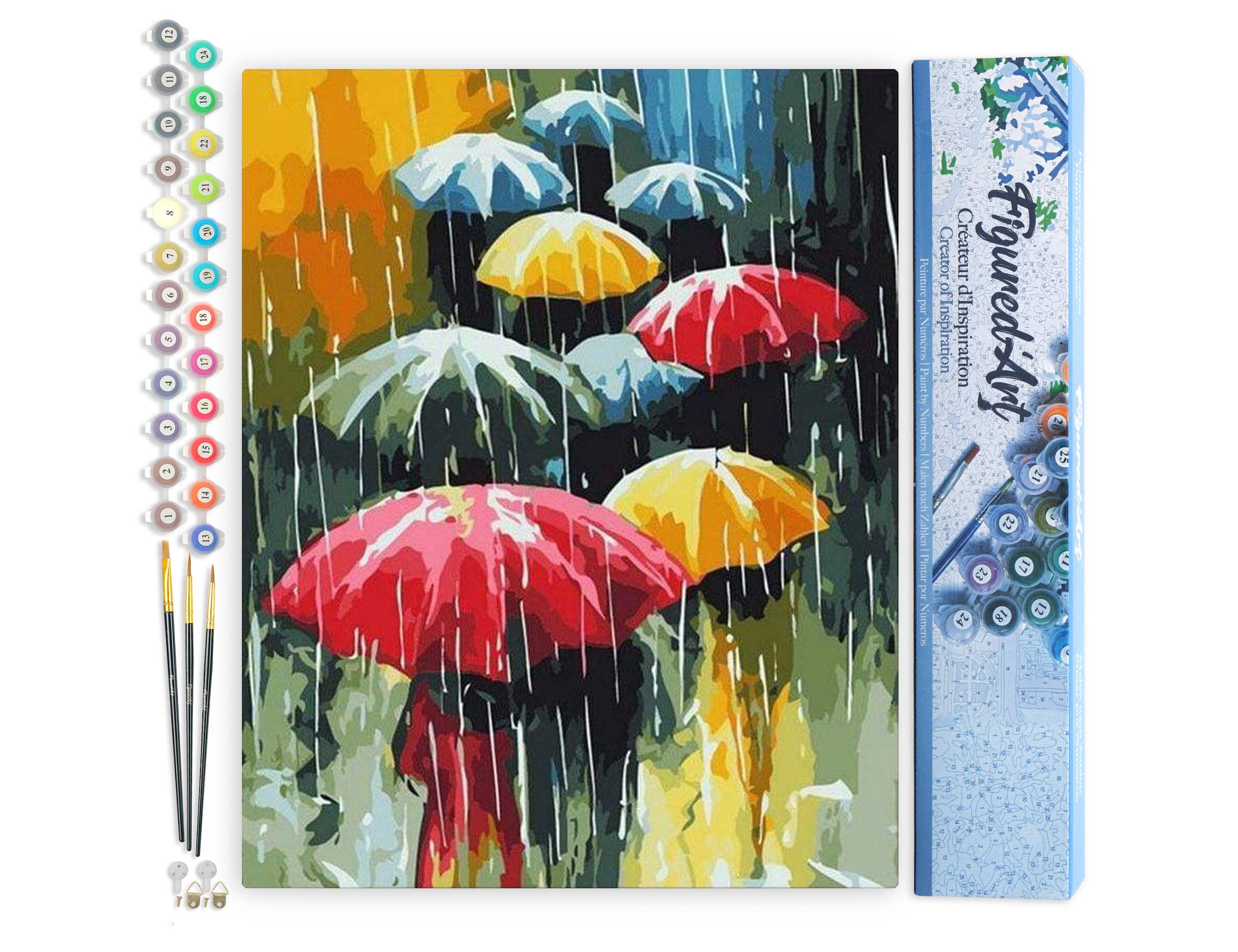 Paint by numbers kit with colorful umbrellas in a rain scene