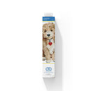 Product packaging with a dog illustration and brand logo on a white background