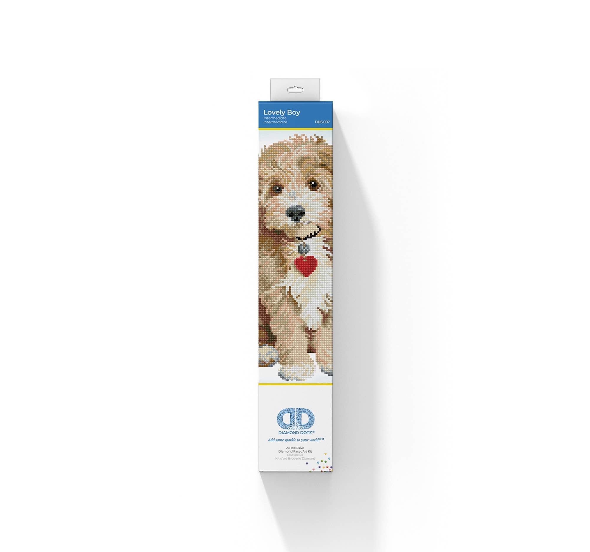 Product packaging with a dog illustration and brand logo on a white background