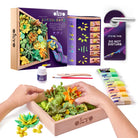 Wooden craft kit with colorful succulent-like figures, packaging, and tools on a white background.