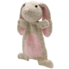 Knitted bunny toy with pink belly on a white background