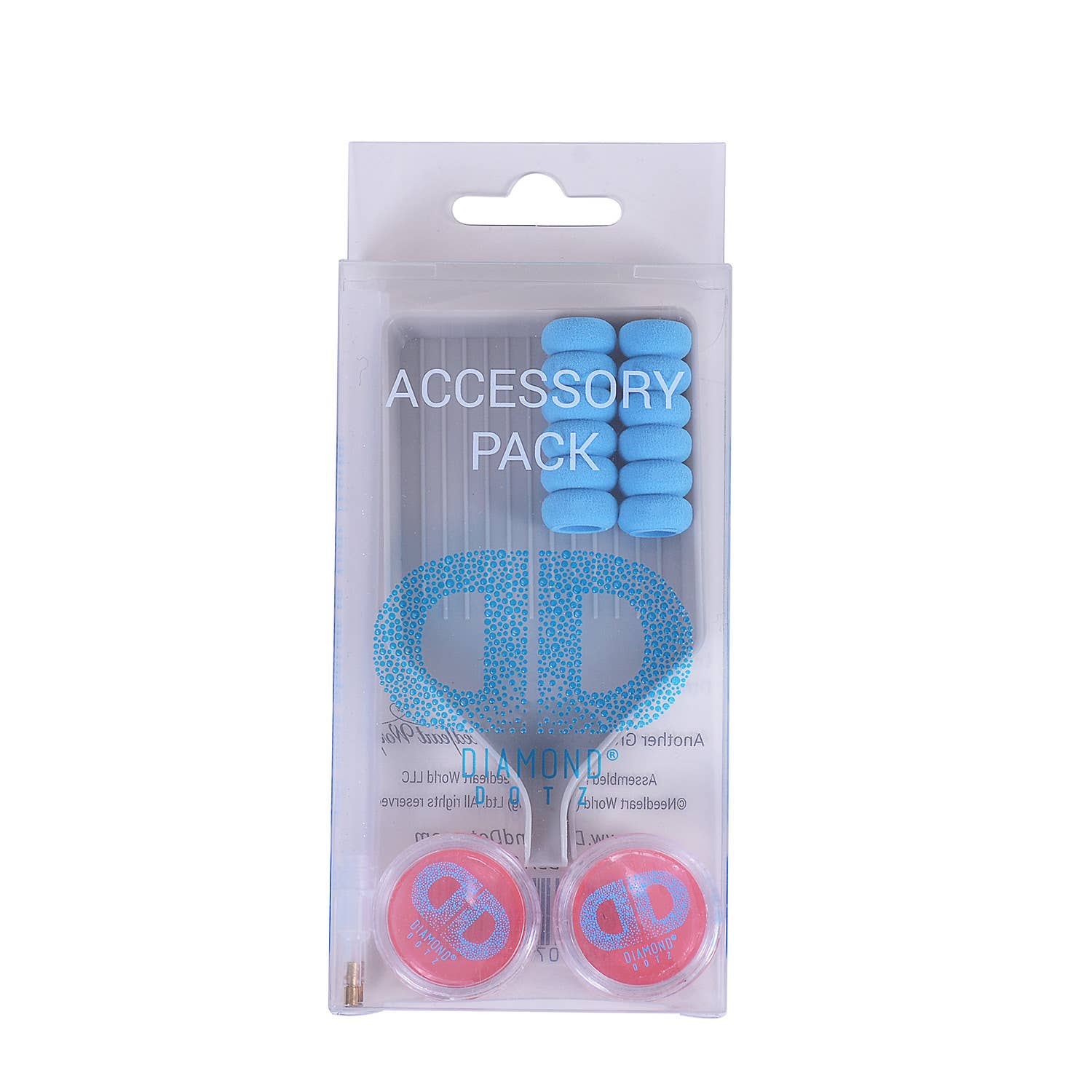 Accessory pack with blue and pink items on a white background