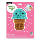 Crochet kit packaging for 'Rahole the Cone' with pink background