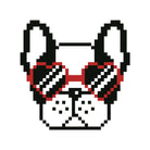 Pixelated black, red, and white heart sunglasses on a dog background