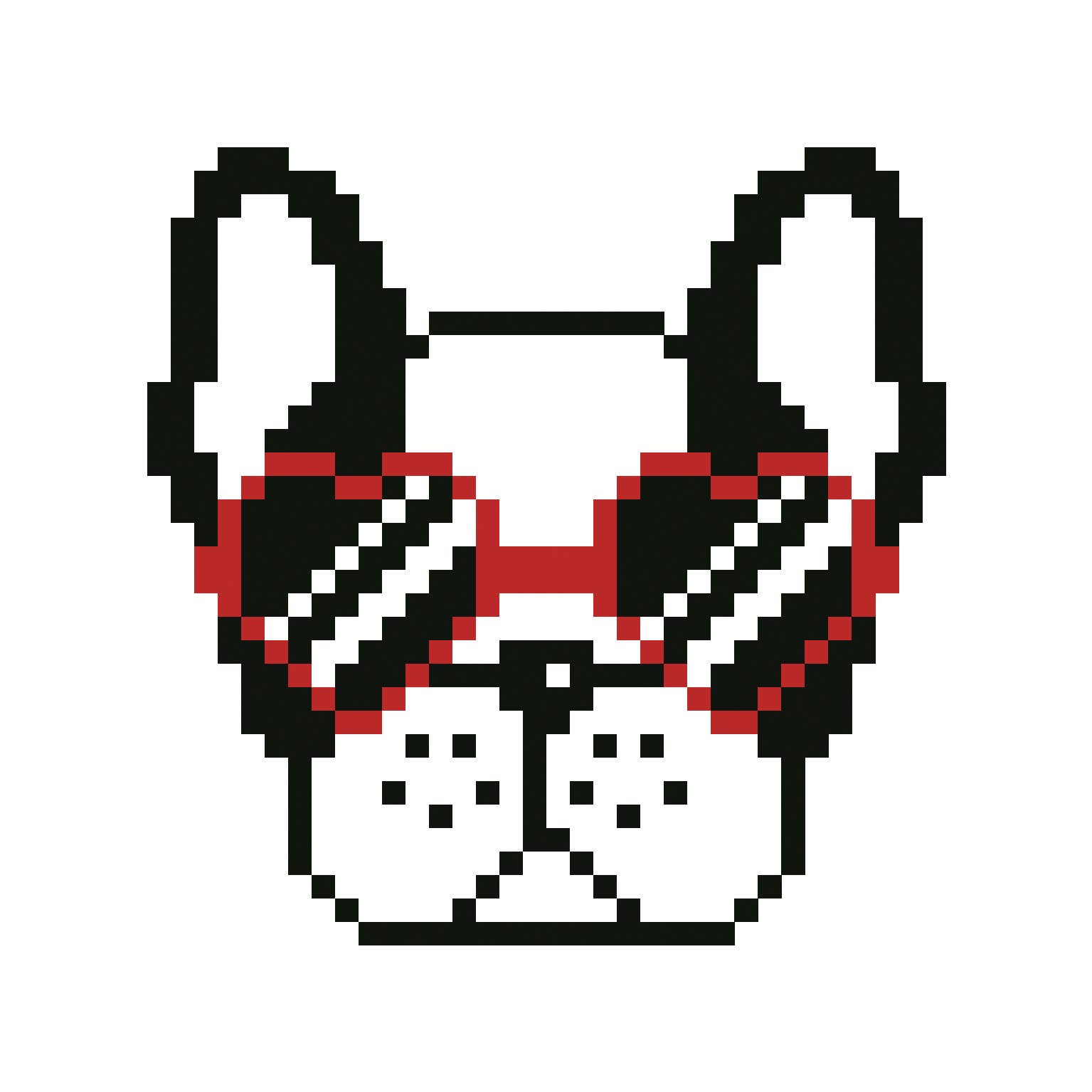 Pixelated black, red, and white heart sunglasses on a dog background