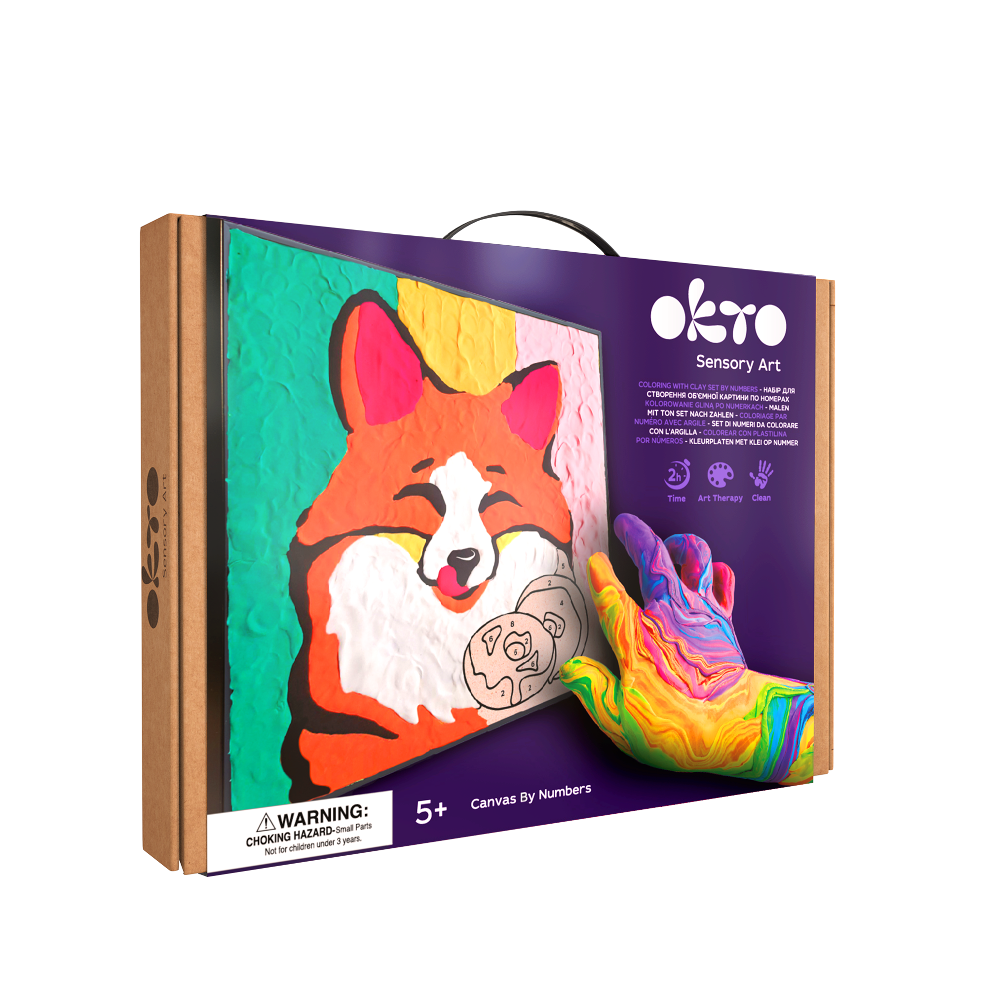 Okto Sensory Art packaging with a colorful dog illustration on a white background