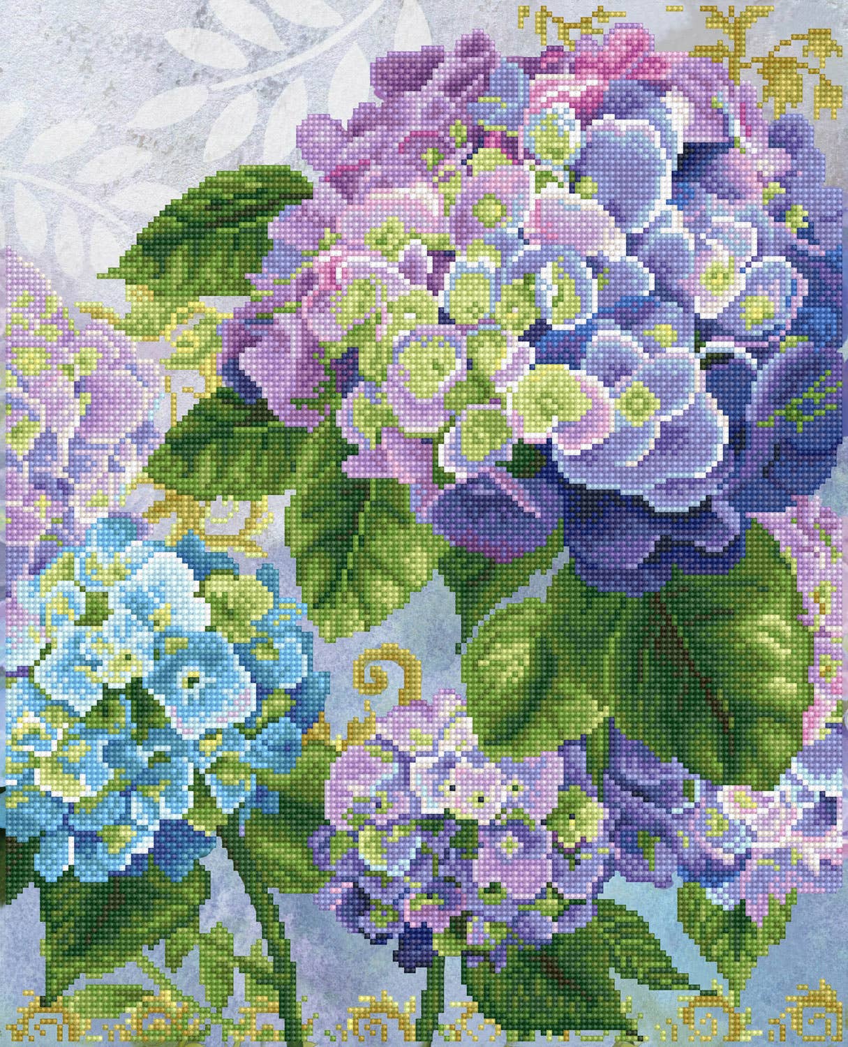 Hydrangea garden diamond painting kit with purple and blue flowers