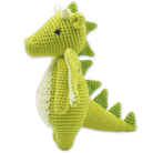 Green crochet dragon toy on a white background