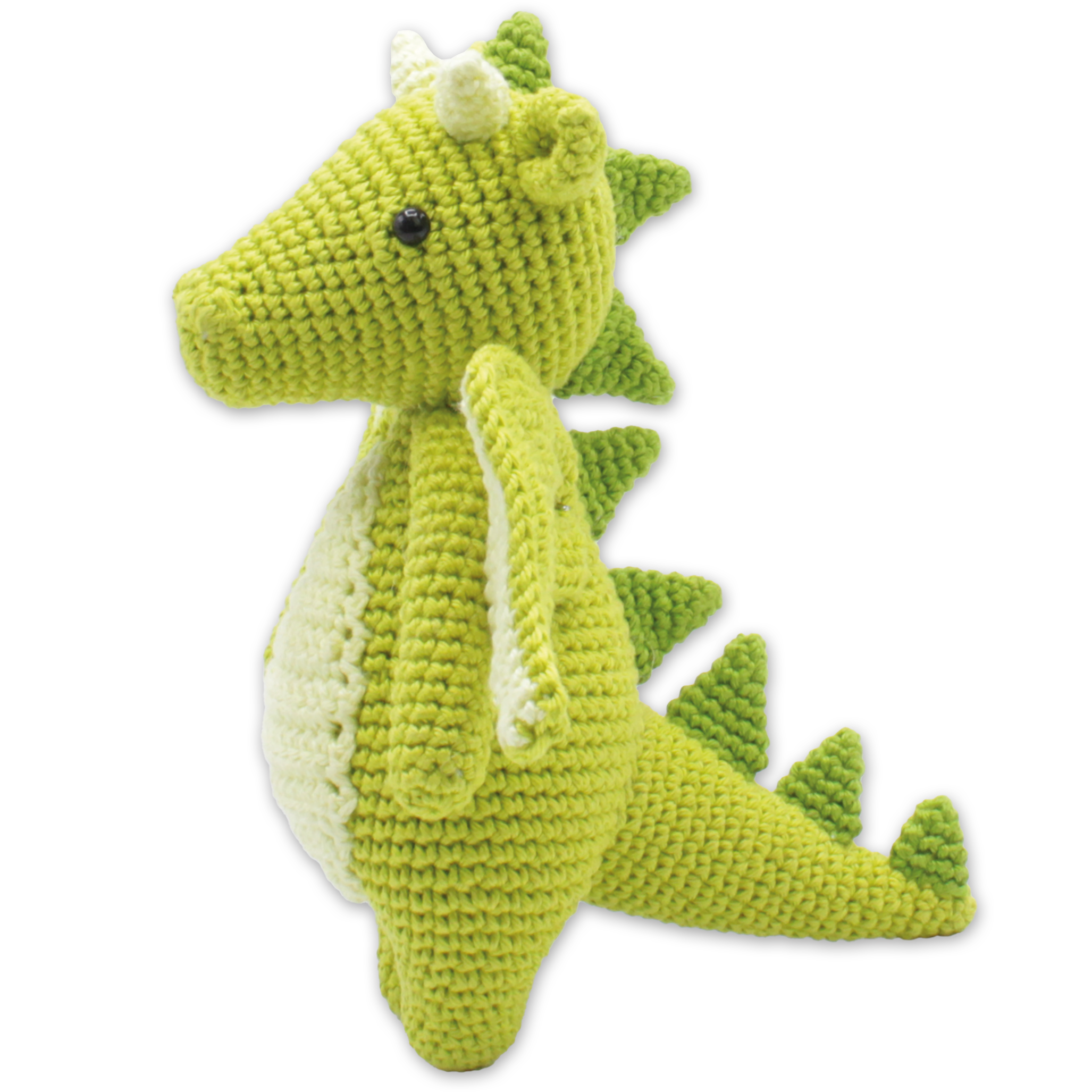Green crochet dragon toy on a white background