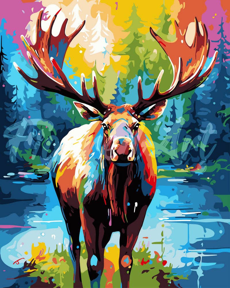 Colorful deer painting with a forest background