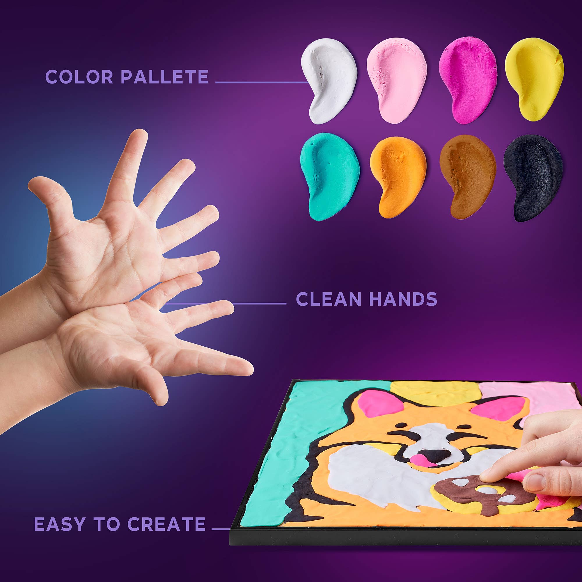 Color palette with paint samples, hands, and a painted picture on a purple background