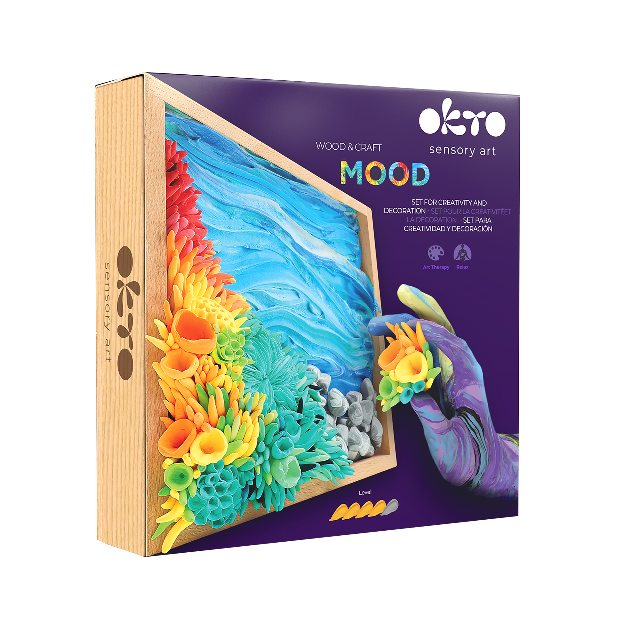 Oktro Mood sensory art packaging with colorful coral-like structures and a hand holding a piece of art.