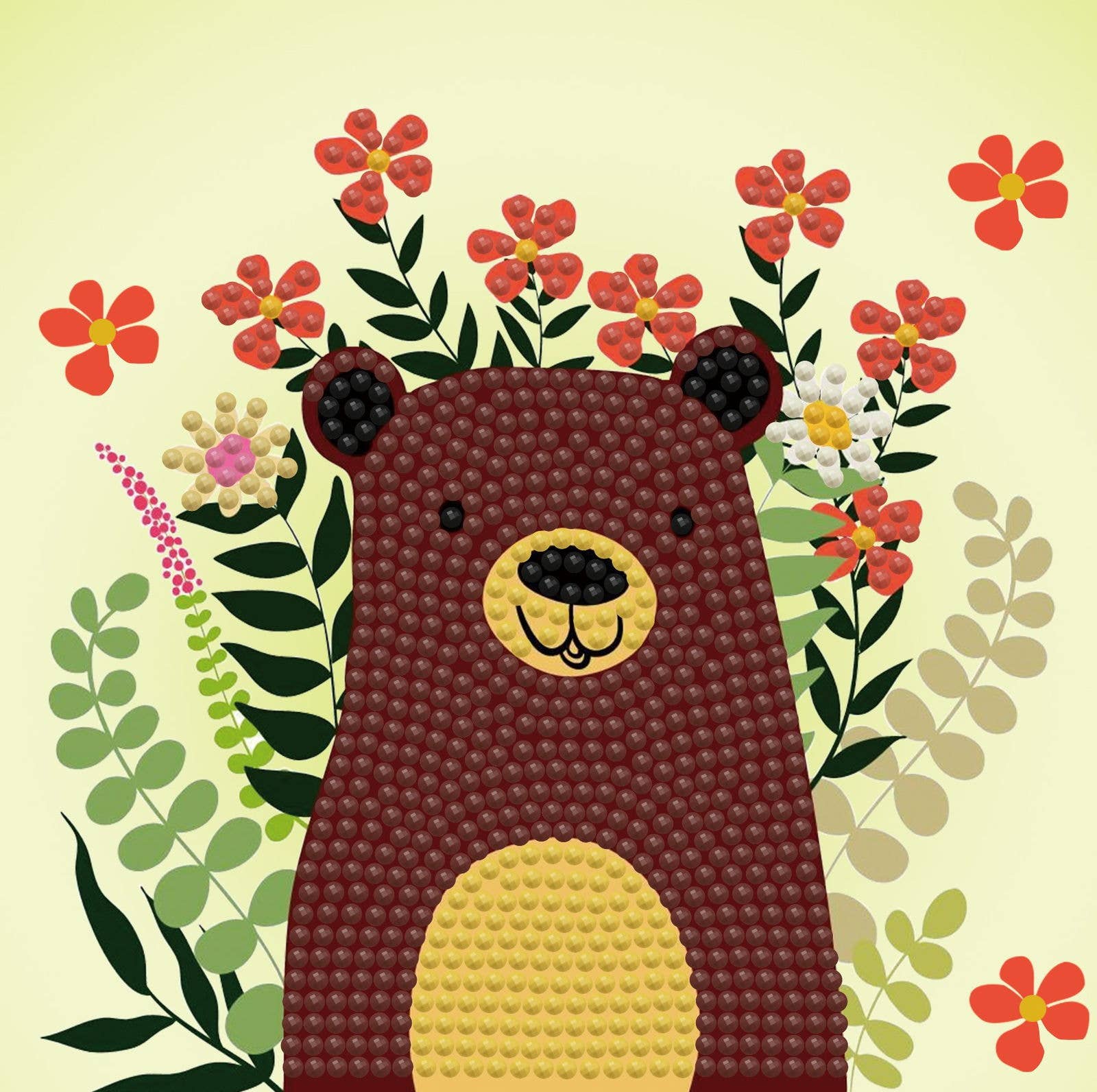 Illustration of a bear surrounded by flowers and leaves on a beige background
