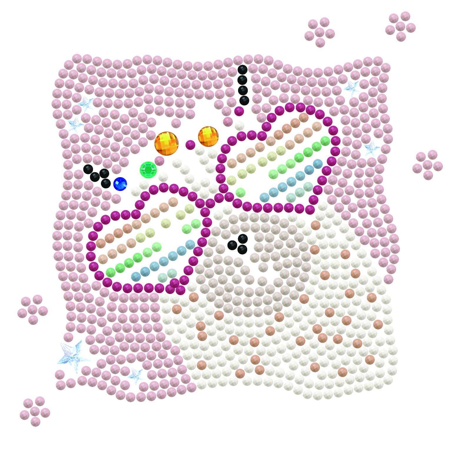 Pink pillow with a rainbow butterfly design made of small colored beads on a white background.