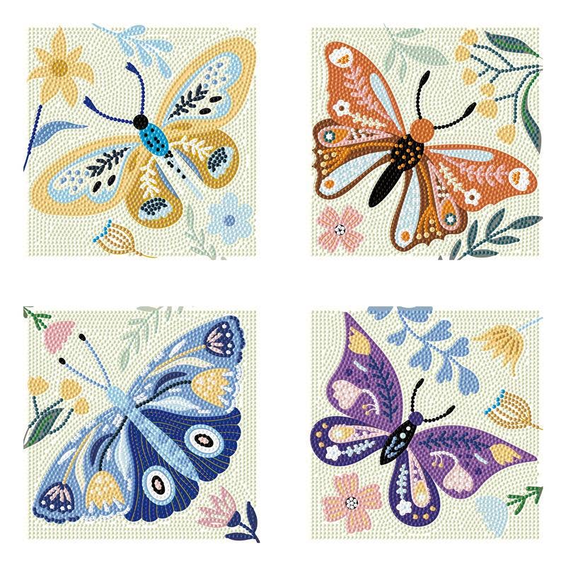Four colorful butterflies with floral designs on a white background