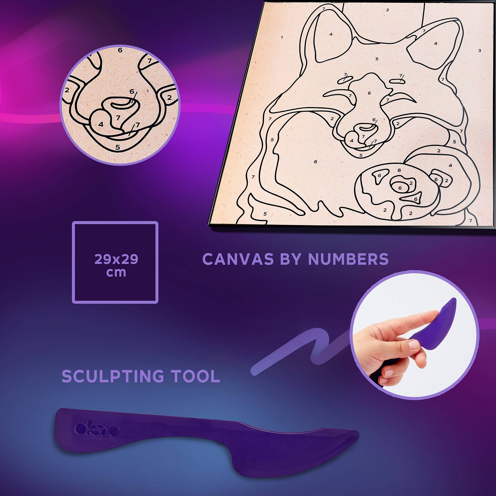 Canvas by numbers with a cat design, sculpting tool, and purple background