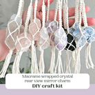 Macrame wrapped crystal rear view mirror charm DIY craft kit held by a hand against a neutral background.
