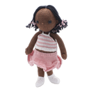 Knitted doll with brown hair, wearing a pink and white striped top and pink skirt on a white background.