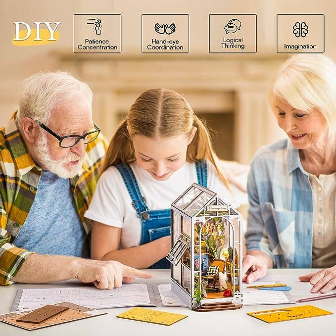 Grandparents and granddaughter working on a DIY project together, with a focus on skills like patience, hand-eye coordination, logical thinking, and imagination.