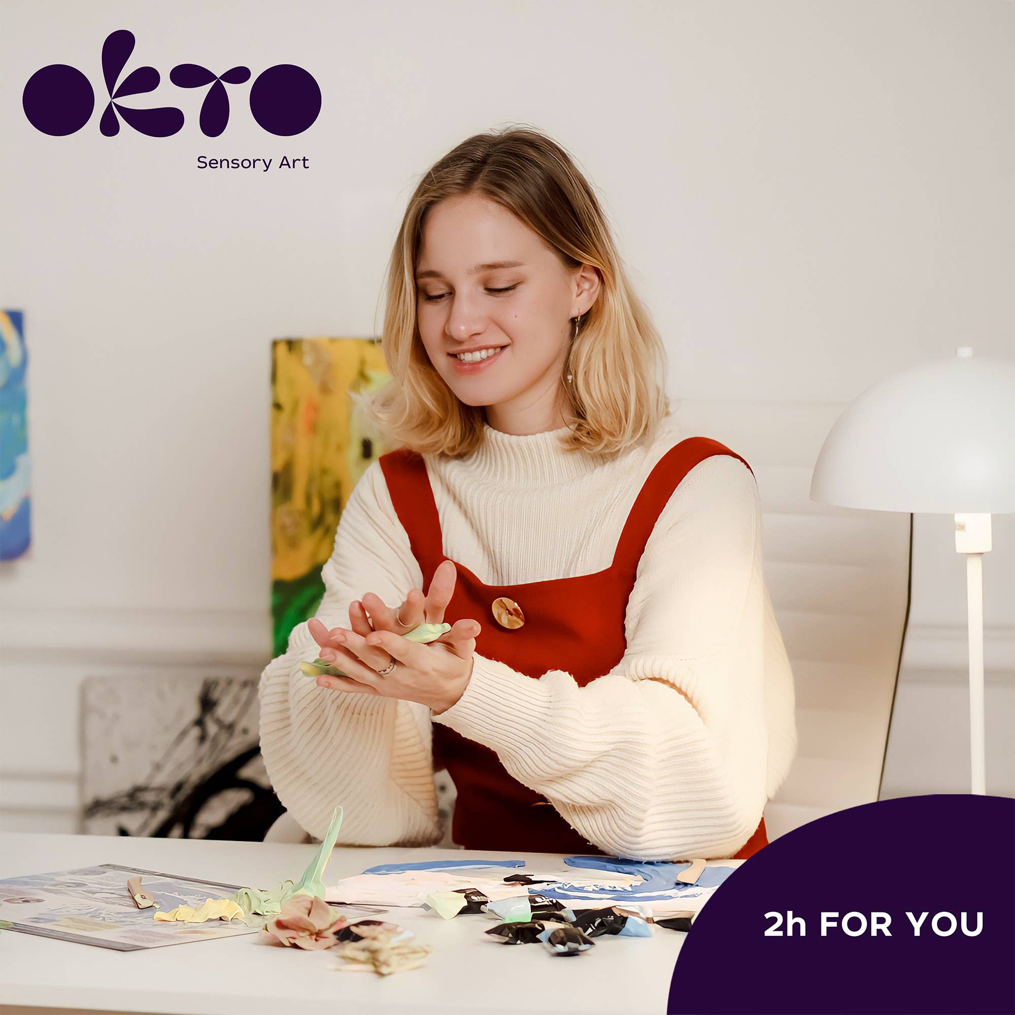 Woman engaging in sensory art activity with 'Okto Sensory Art' branding.
