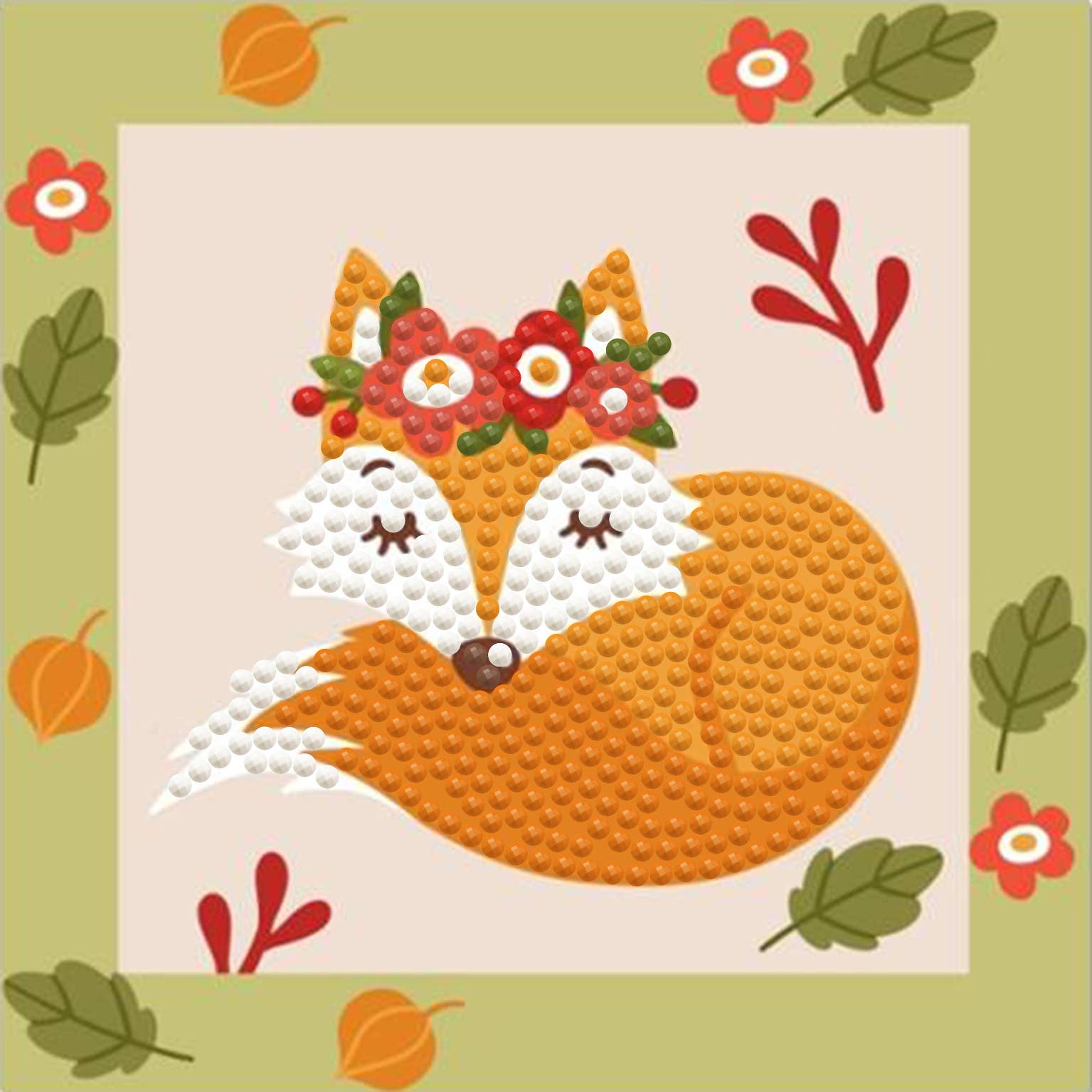 Painting with a fox wearing a flower crown on a green background
