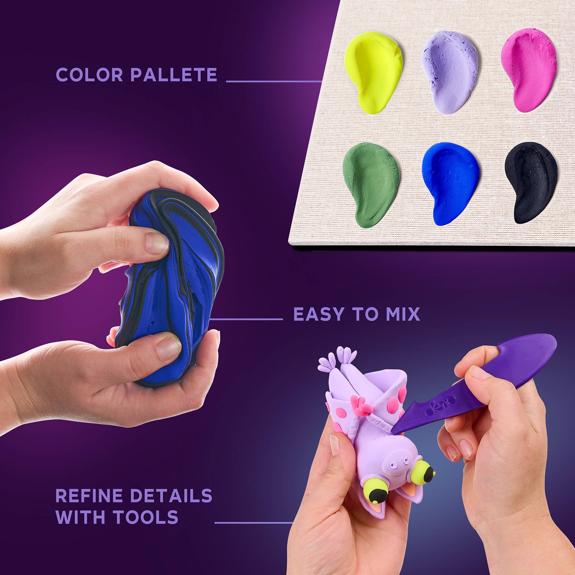 Hands working with colorful clay, showing a color palette and tools on a purple background.