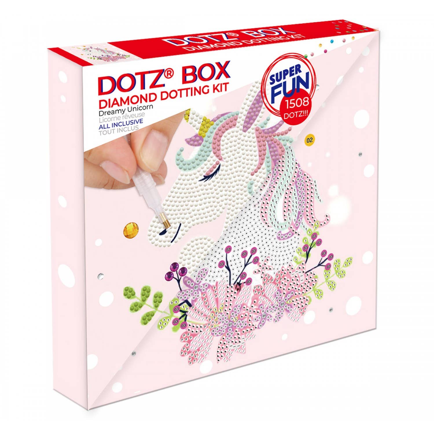 DOTZ BOX Diamond Dotting Kit packaging with a unicorn design on a white background