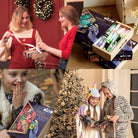 Collage of people interacting with a sensory art kit, with a Christmas tree in the background.