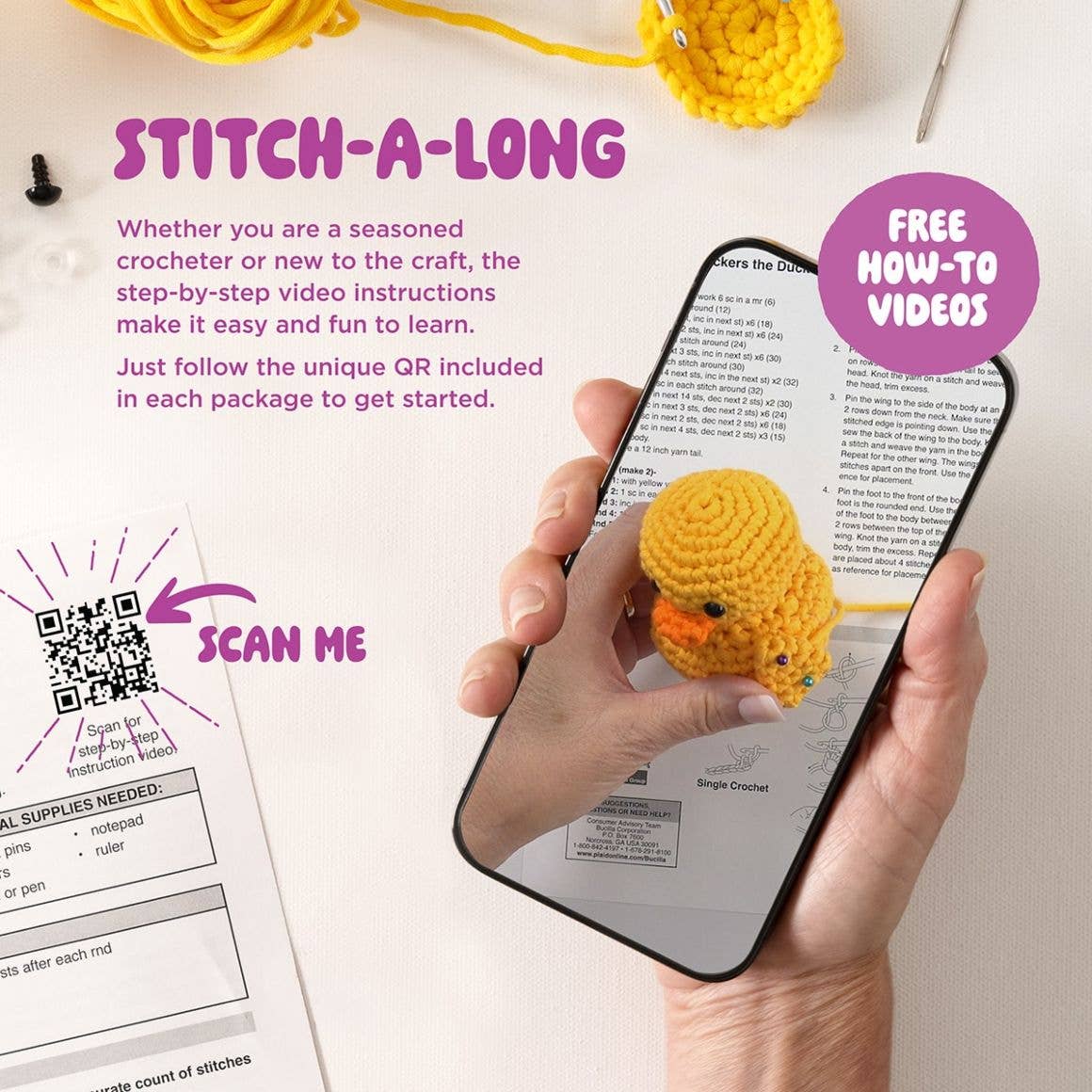 Hand holding a phone with a crochet duck toy displayed, QR code, and text about a 'Stitch-A-Long' on a white background.