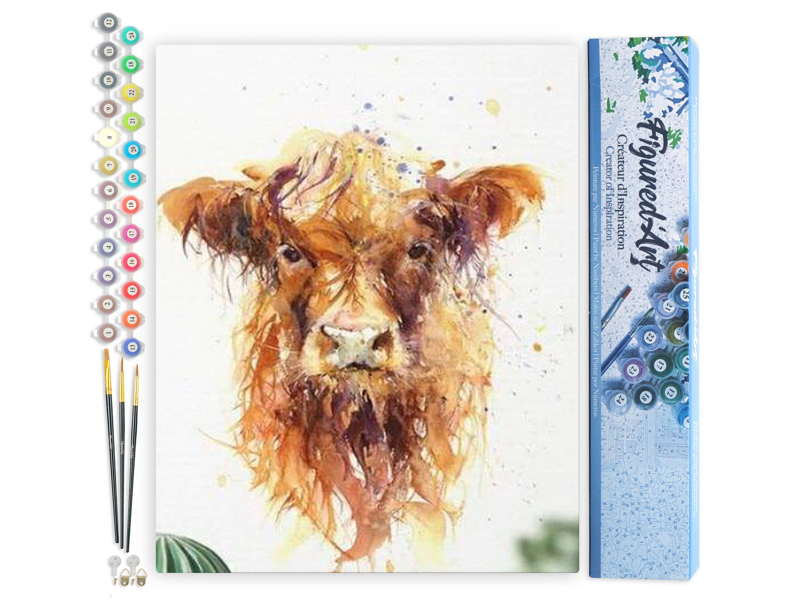 Coloring book with a cow illustration and colored pencils on a white background