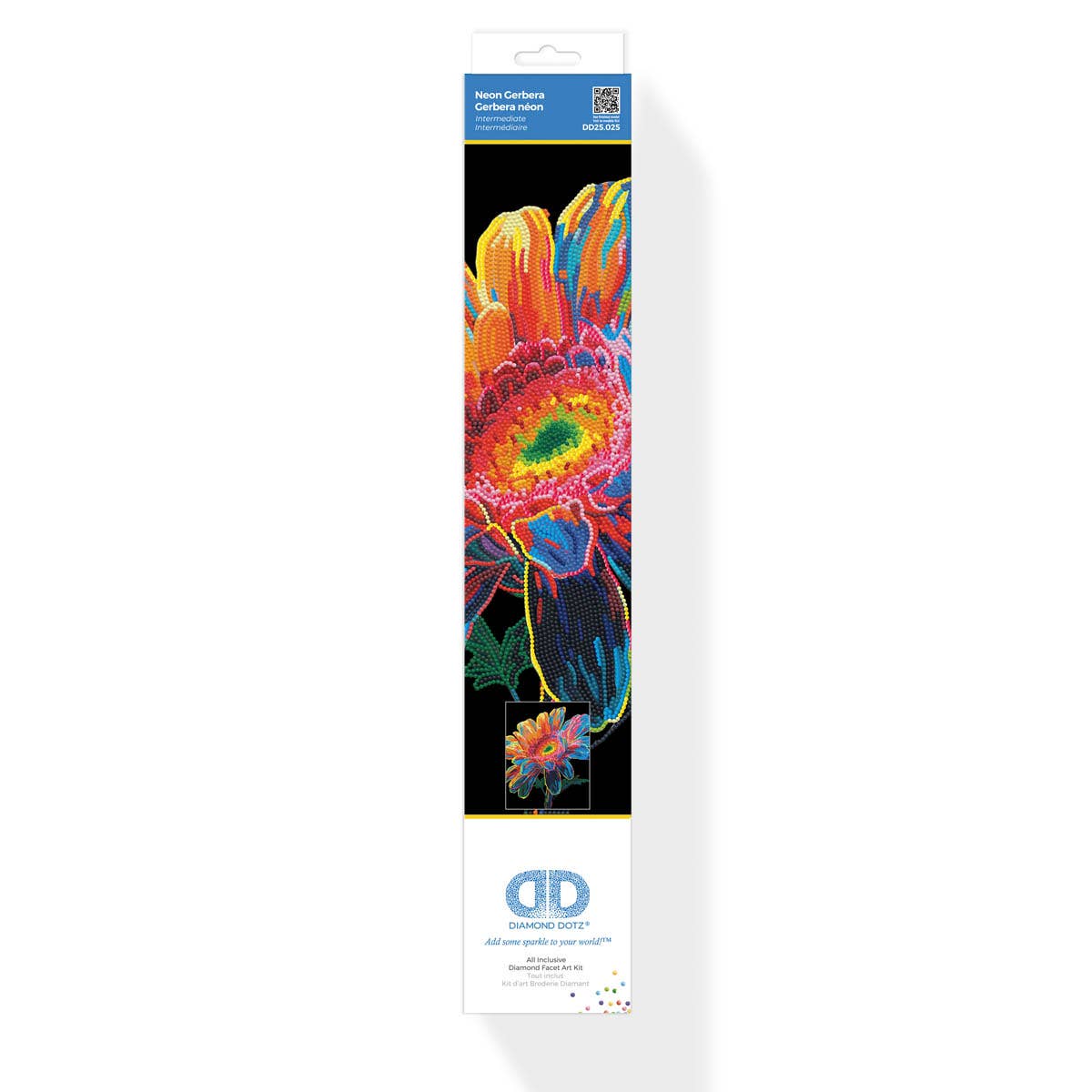 Colorful tie-dye patterned product packaging with a brand logo on a white background