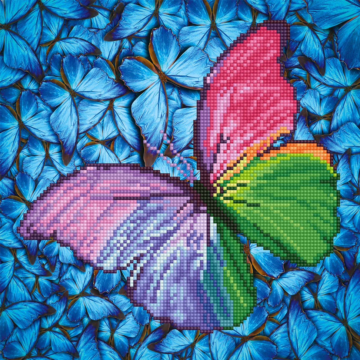 Colorful butterfly made of small colored squares on a blue floral background