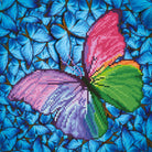 Colorful butterfly made of small colored squares on a blue floral background